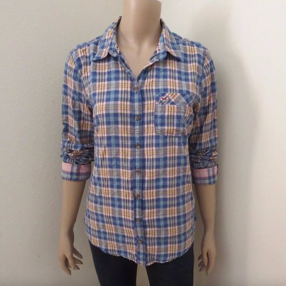 Hollister Womens Plaid Shirt Size Medium Button Down Top Blouse Colorful